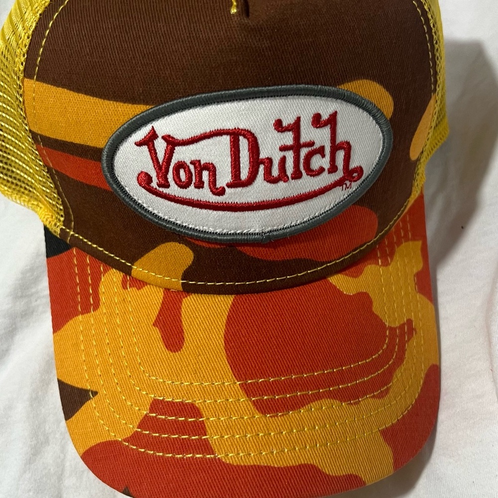 Von Dutch Camo Yellow Brown and Orange Trucker Hat NWT